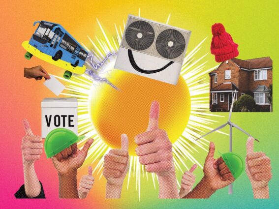 A composite image on a bright yellow pink and green gradient background, including a house with a woolly hat on it, a bus on a skateboard, a smiling face with heat pump fans for eyes, a wind turbine and a ballot box