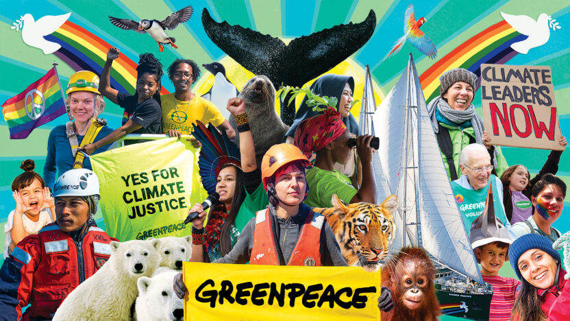 Colourful photo montage shows Greenpeace activists and volunteers at work, along with wildlife like polar bears, whales and orangutans.