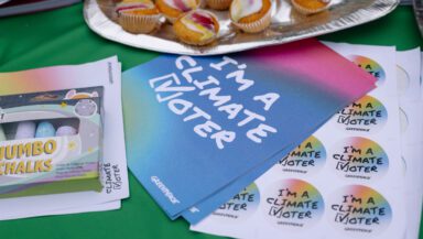 Climate voter stickers and posters arranged on a table